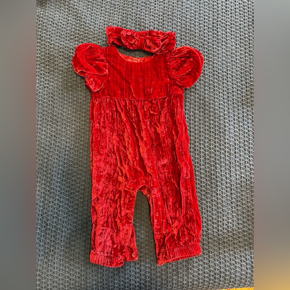 Cat & Jack Red Velvet Romper and Hair Bow